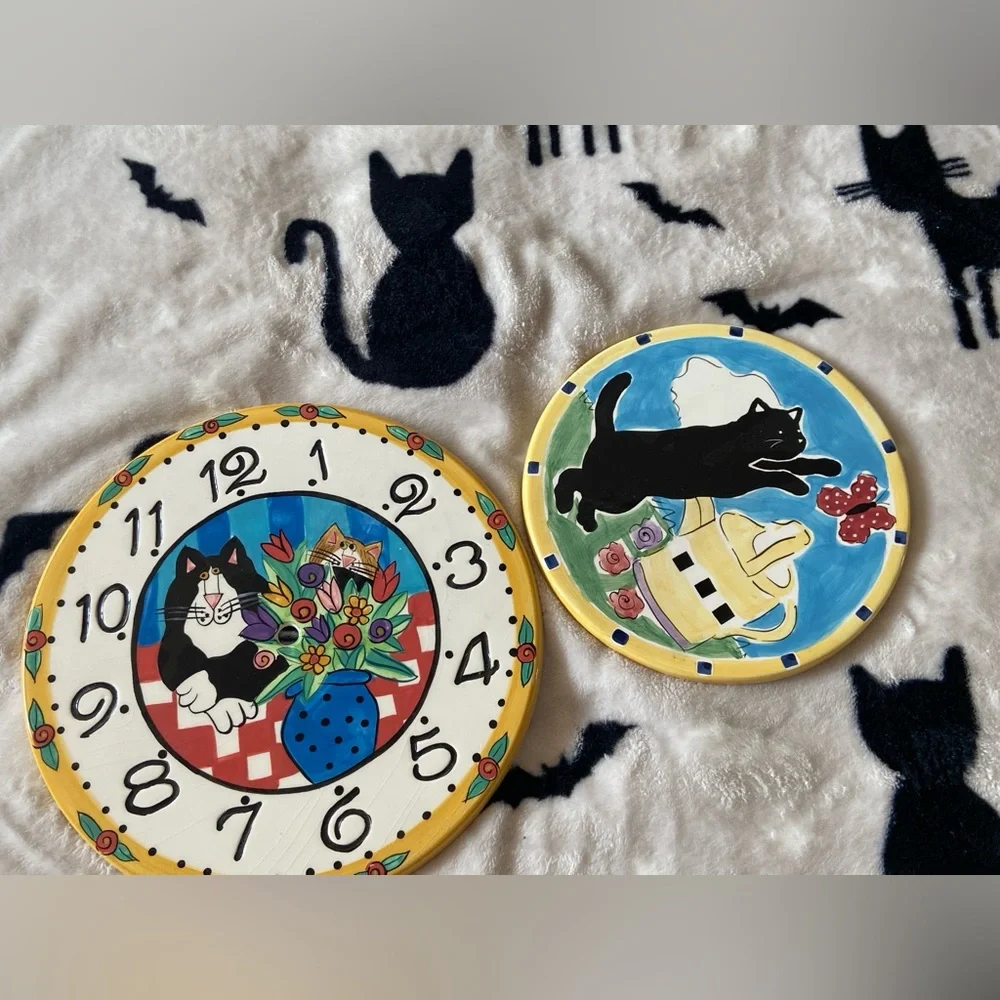 Playful Black Cats and flowers and a Gardening Pail ceramic
